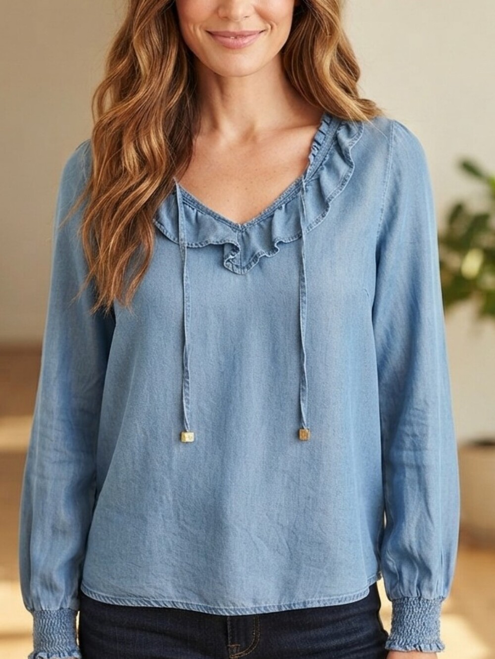 Michael Kors Blue Denim-Look Ruffle Detail Long Sleeve Blouse - Size M